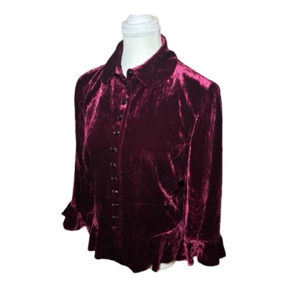 Lauren Ralph Lauren Burgundy Silk Velvet Blouse Sz 10 Button Front Holiday Party - Picture 10 of 11